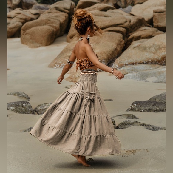 Thaluta 100% Organic Cotton Boho Festival Maxi Skirt or Dress Keela Beige OS - Picture 2 of 11
